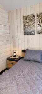 a bedroom with a bed and two paintings on the wall at OLENEVO Park Houses in Olenʼovo +73 photos
