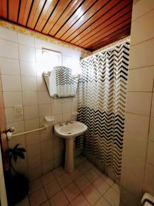 uma casa de banho com um lavatório e uma cortina de chuveiro em Plaza Mayor Andrea em Mendoza
