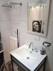 a bathroom with a white sink and a mirror at La Casita de Nala in Neuquén