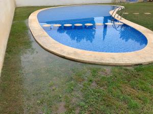 a swimming pool with a curved coping in a yard at Chulillagreenhouse in Chulilla