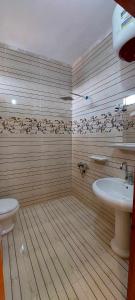 La salle de bains est pourvue d'un lavabo et de toilettes. dans l'établissement Green Beach Camp & Hotel, à Nuweiba