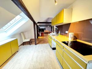 a kitchen with yellow cabinets and yellow counters at City Apartments in Hof in Hof