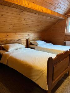 two beds in a room with wooden walls at Pysana hata in Volosyanka