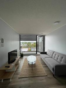 a living room with a couch and a tv at Departamento a orillas del lago in Llanquihue