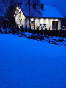 una casa con un patio cubierto de nieve frente a una casa en Oaza U Leszka-dom całoroczny z sauną i ruską banią, en Podgórze