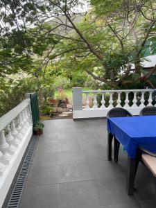 un patio con una mesa azul y una valla blanca en Apartamento rural en Santa Cruz de Tenerife, en Los Campitos