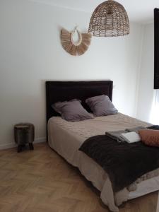 um quarto com uma cama com uma cabeceira preta em Villa pampa em Malves