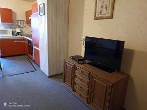 a living room with a flat screen tv on a cabinet at Ferienhof Welsch Wohnung 2 in Großefehn 