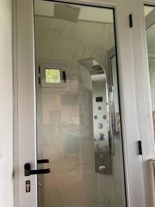 a bathroom with a glass door with a mirror at Cabaña La Reserva Suite in La Granja