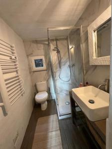 a bathroom with a shower and a toilet and a sink at Eco-Chic Retreat: Countryside Oasis Near Florence in Pozzolatico