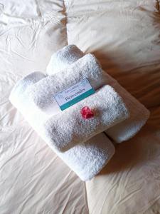 para ręczników na łóżku w obiekcie Posada San Gabriel w mieście Colonia del Sacramento