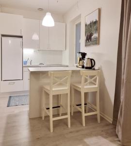 a kitchen with a counter and stools in a room at Studio Porin Oksi, home away home in Pori city center, free parking in Pori +7 photos