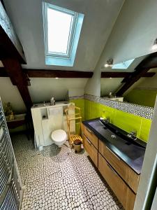 a bathroom with a toilet and a sink and a window at L'école du Hameau 9pers Le Mont Dore in Le Mont-Dore