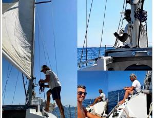 a collage of three pictures of a man on a boat at Cavo Beach 5 in Cavo +2 photos