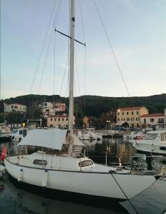 a white sailboat docked in a harbor with other boats at Cavo Beach 3 in Cavo