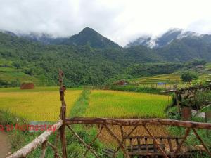 a fence in front of a field with mountains in the background at Zoo si homestay in Sa Pa