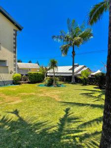 a yard with two palm trees and a house at Le 53-Maison de campagne-LES MAKES in Saint-Louis