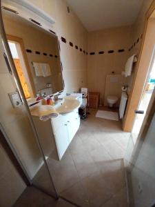 La salle de bains est pourvue d'un lavabo et de toilettes. dans l'établissement Haus am Waldrand, à Thiersee