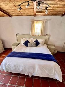 a bedroom with a large bed with blue and white pillows at Baywatch Paternoster - The Cottage in Paternoster