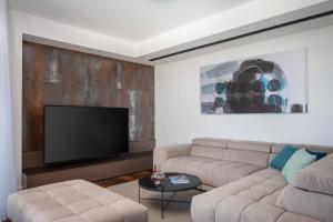 Una sala de estar con un sofá y un televisor de pantalla plana. en HADRIE LUXURY RESORT AND VILLAS ROVA c, en Vantačići