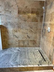 ein Bad mit einer Dusche und einer Glastür in der Unterkunft Große Wohnung im Neu-Seen-Land Leipzig in Markkleeberg