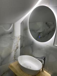 a bathroom with a white sink and a mirror at Cabana Lavinia Daniel in Statjunea Borsa