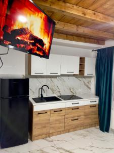 una cucina con lavandino e una TV sul soffitto di Cabana Lavinia Daniel a Statjunea Borsa