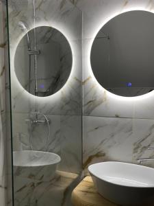 a bathroom with a sink and a mirror at Cabana Lavinia Daniel in Statjunea Borsa