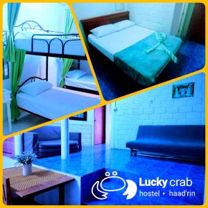 un collage de tres fotos de una habitación con literas en Lucky Crab Hostel, en Haad Rin