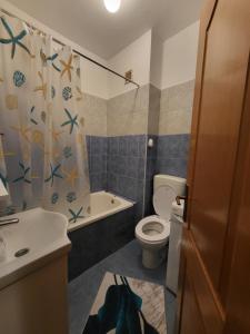 Un baño con inodoro, lavabo y cortina de ducha. en Apartman DIS, en Trebinje