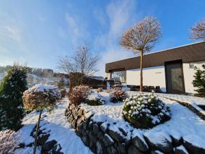 einen schneebedeckten Garten vor einem Gebäude in der Unterkunft Traumhaus am Maar 1 in Schalkenmehren