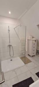 uma casa de banho com um chuveiro e uma porta de vidro em Tim's Guesthouse em Hanôver