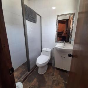 y baño con aseo, lavabo y espejo. en Refugio Zen Spa, en Putaendo