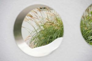 a circular window with a plant in the background at Stormy in Lubmin