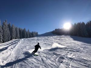 a person is skiing down a snow covered slope at Apartment Stillleben Luxus für die Seele in Abtenau +58 photos