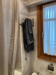 Un baño con ducha y toallero. en Urumea Apartamento, en Goizueta