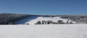 una colina cubierta de nieve con un río en la distancia en Chata Kaltenbach en Vimperk