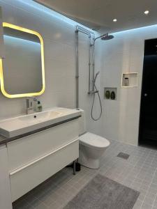 a bathroom with a sink and a toilet and a mirror at 2 bedroom apartment near by Santa Claus village in Rovaniemi