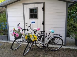 zwei Fahrräder, die vor einem Haus mit Blumen geparkt sind in der Unterkunft B&B Ca' Rina in Preganziol