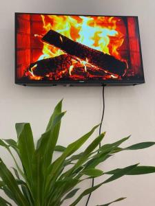 a tv hanging on a wall next to a fire at Cynthia’s Homestays@0723632635 in Malindi
