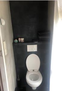 a bathroom with a white toilet with a black wall at Tiny house for 2 with private garden in Utrecht