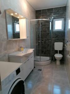 een badkamer met een douche, een wastafel en een toilet bij Apartman STAR in Široki Brijeg