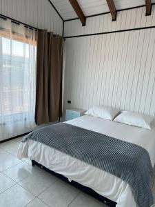 Un dormitorio con una cama grande y una ventana en Complejo Turístico Los Laureles Arauco, en Arauco