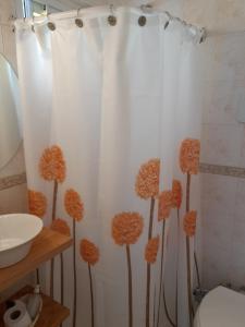 a bathroom with a shower curtain with flowers on it at GÜEMES in Mar del Plata