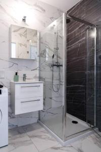 a bathroom with a shower with a glass door at Apartament Zajezdnia Wrzeszcz Gdańsk 1 in Gdańsk