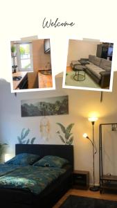 a collage of pictures of a bedroom with a bed at Grüne Oase mit Balkon I EG in Duisburg