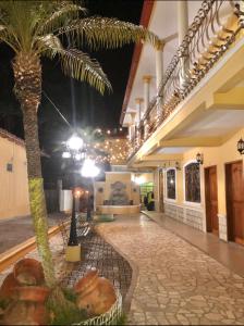 a hallway with a palm tree in a building at Habitación Hermosa a 3 cuadras del Parque de Copán in Copan Ruinas