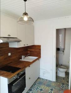 a kitchen with white cabinets and a sink and a toilet at Dijon hypercentre *Le Berbisey* in Dijon +5 photos