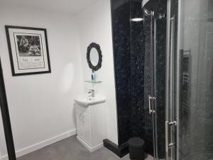 a bathroom with a toilet and a shower with a mirror at Poppy Cottage in Whitby