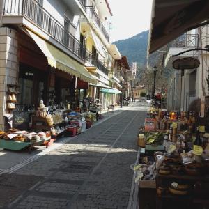 a street with a bunch of shops in a city at REST On The Pedestrian Street in Kalavrita